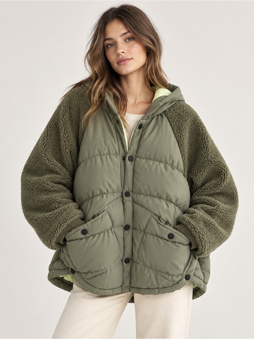 Pilcro Olive Green Hooded Sherpa Puffer Jacket